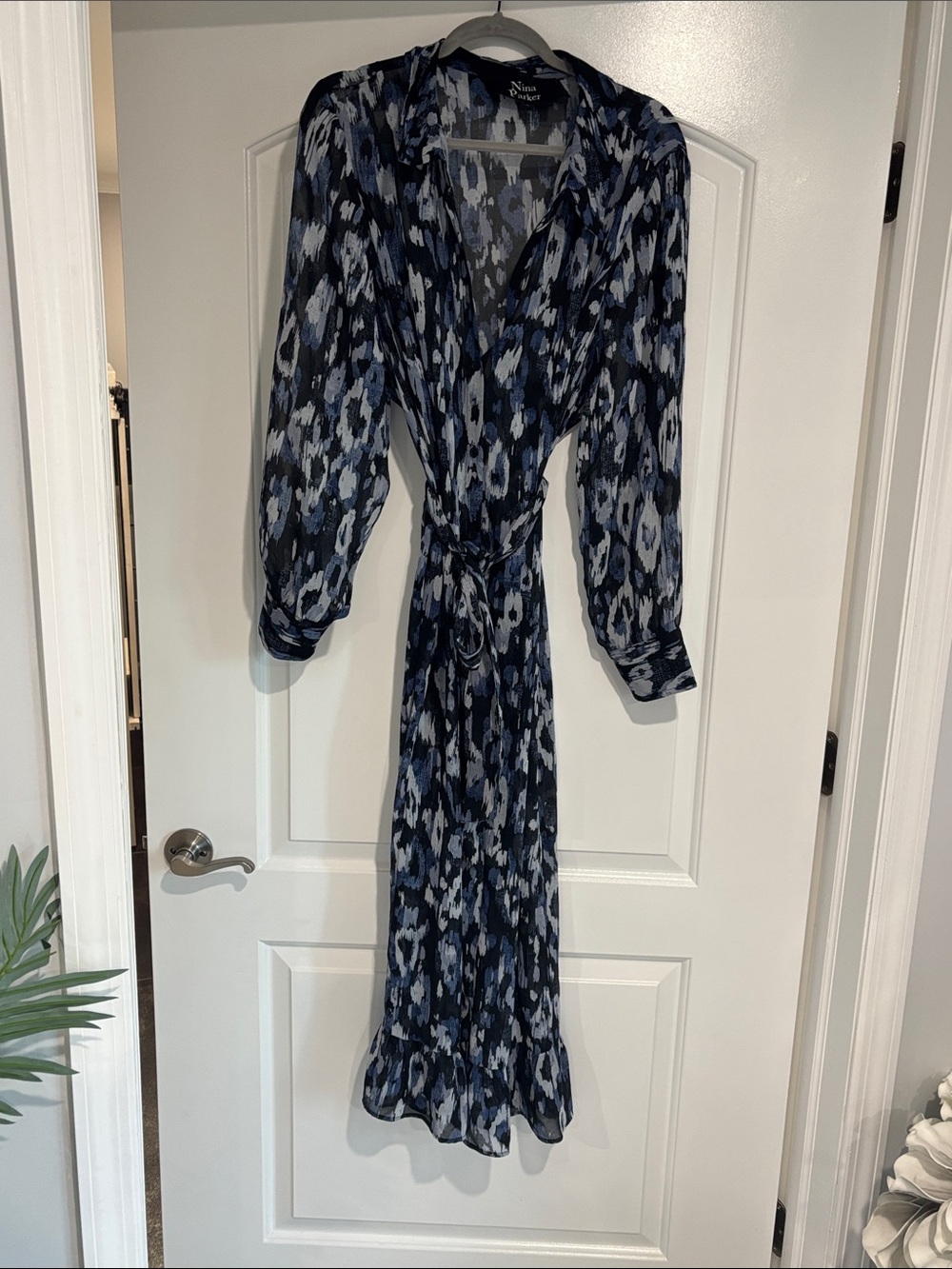 Blue Print Long Sleeve Maxi Wrap Dress with Self Tie Waist